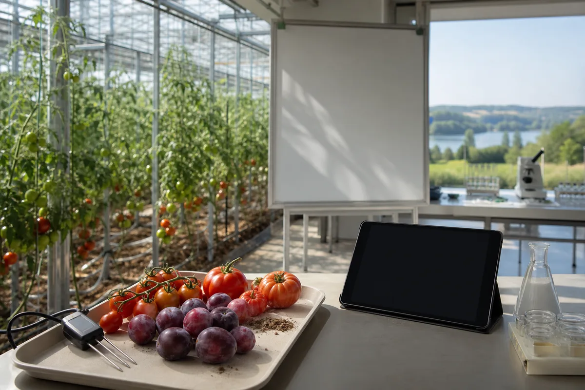 Serre de tomates instrumentée avec sondes de climat et pilotage automatisé