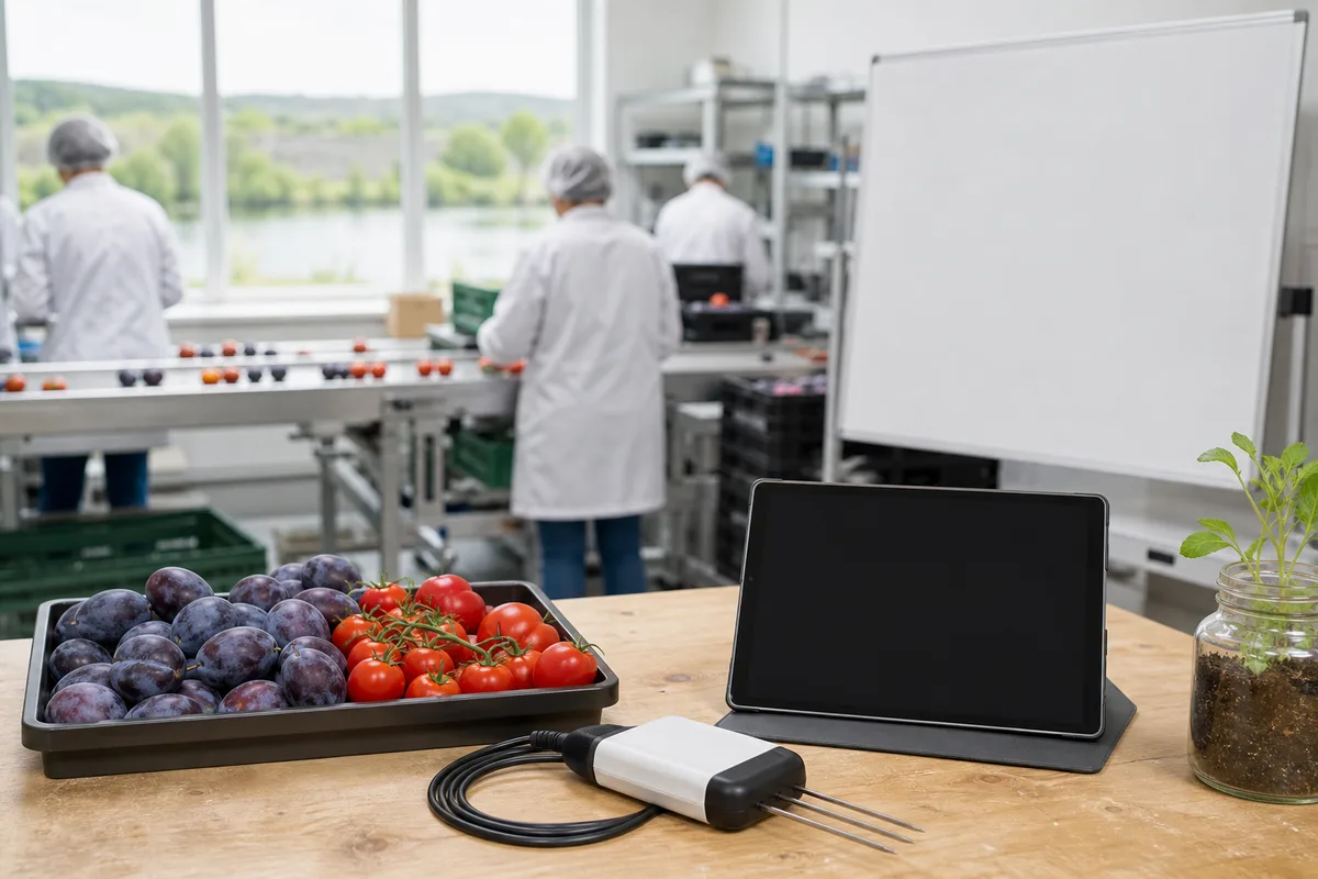 Atelier de conditionnement agroalimentaire avec chaîne de tri et opérateurs