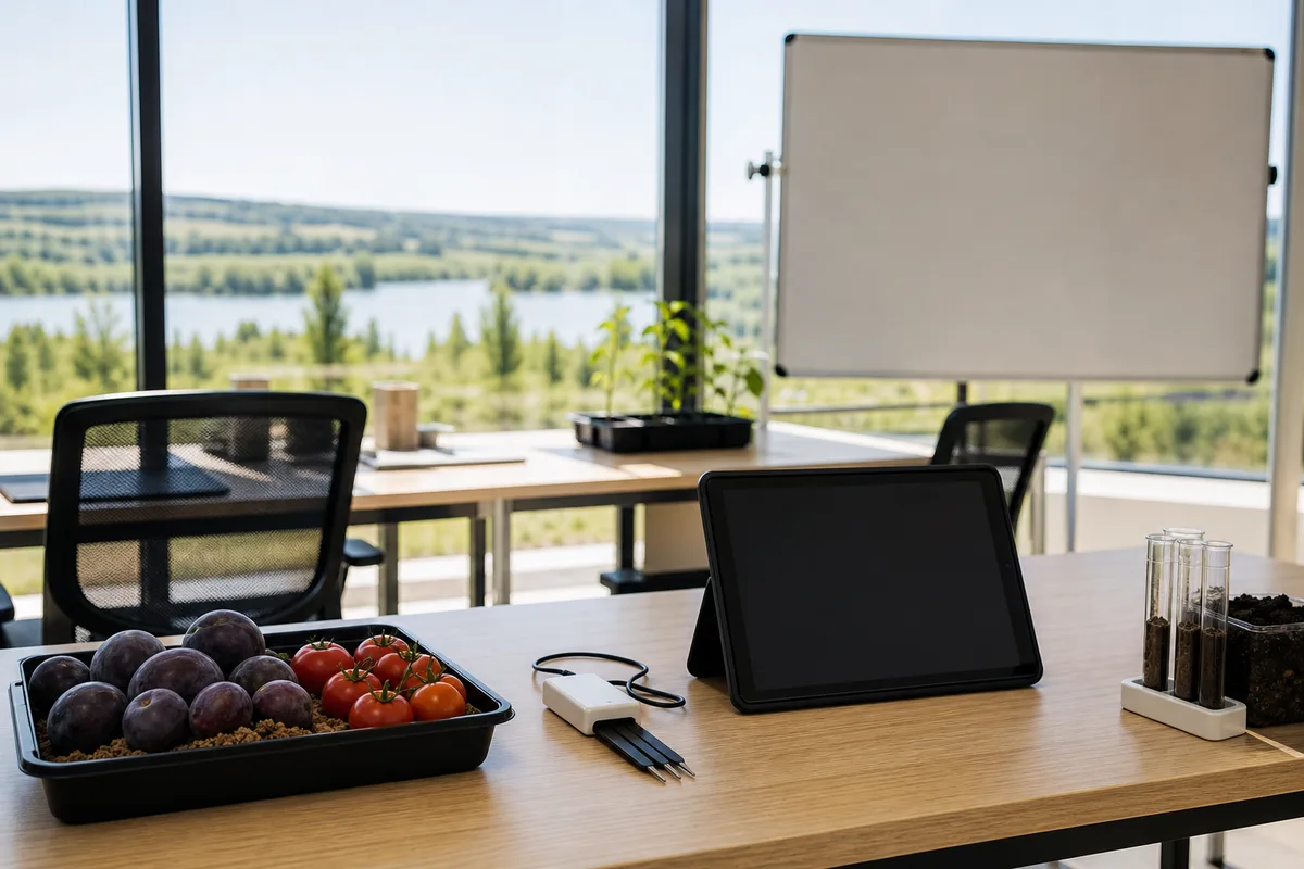 Rangée de bureaux vides dans une pépinière avec vue sur la campagne agenaise